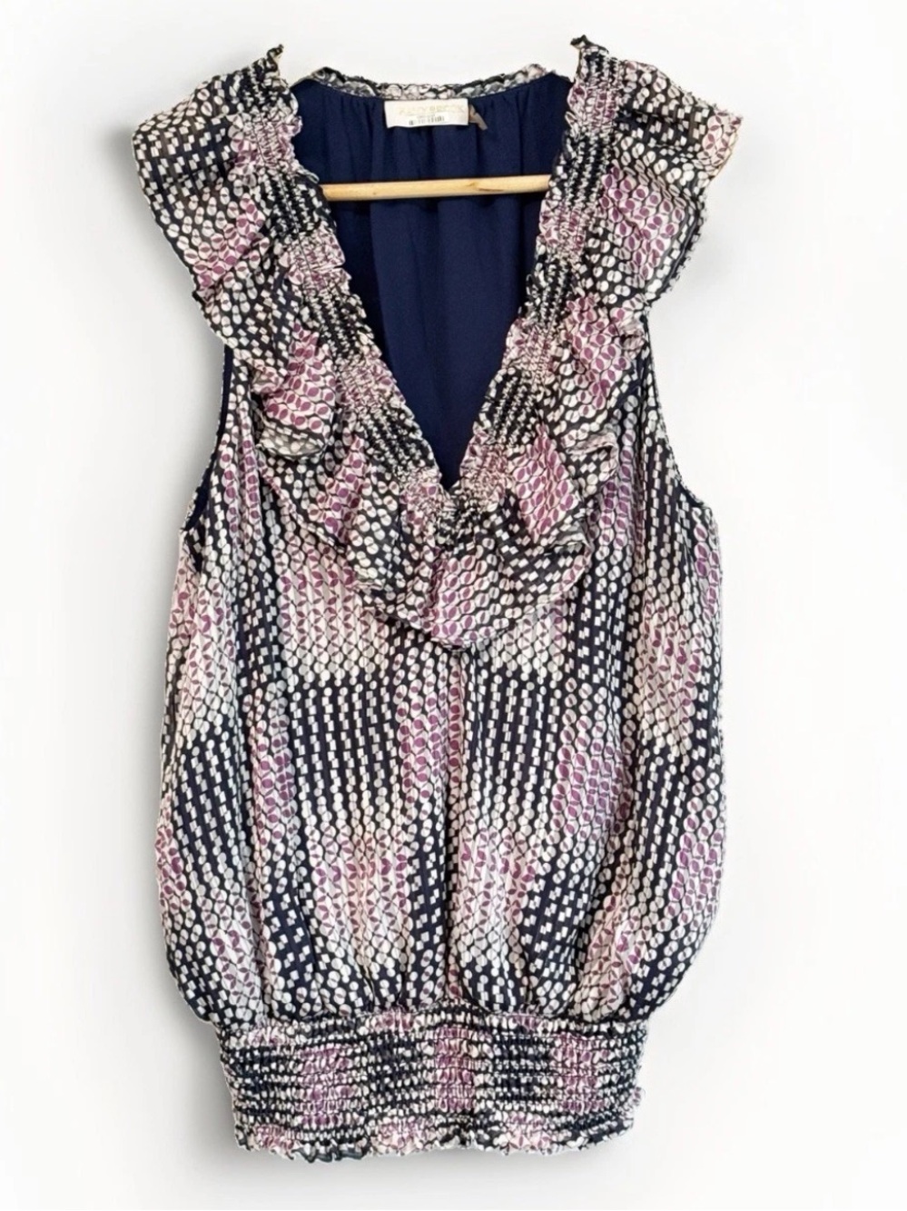 Ramy Brook Donnie Blue & Purple Printed Ruffle V-Neck Top Women XS Smocked Waist
